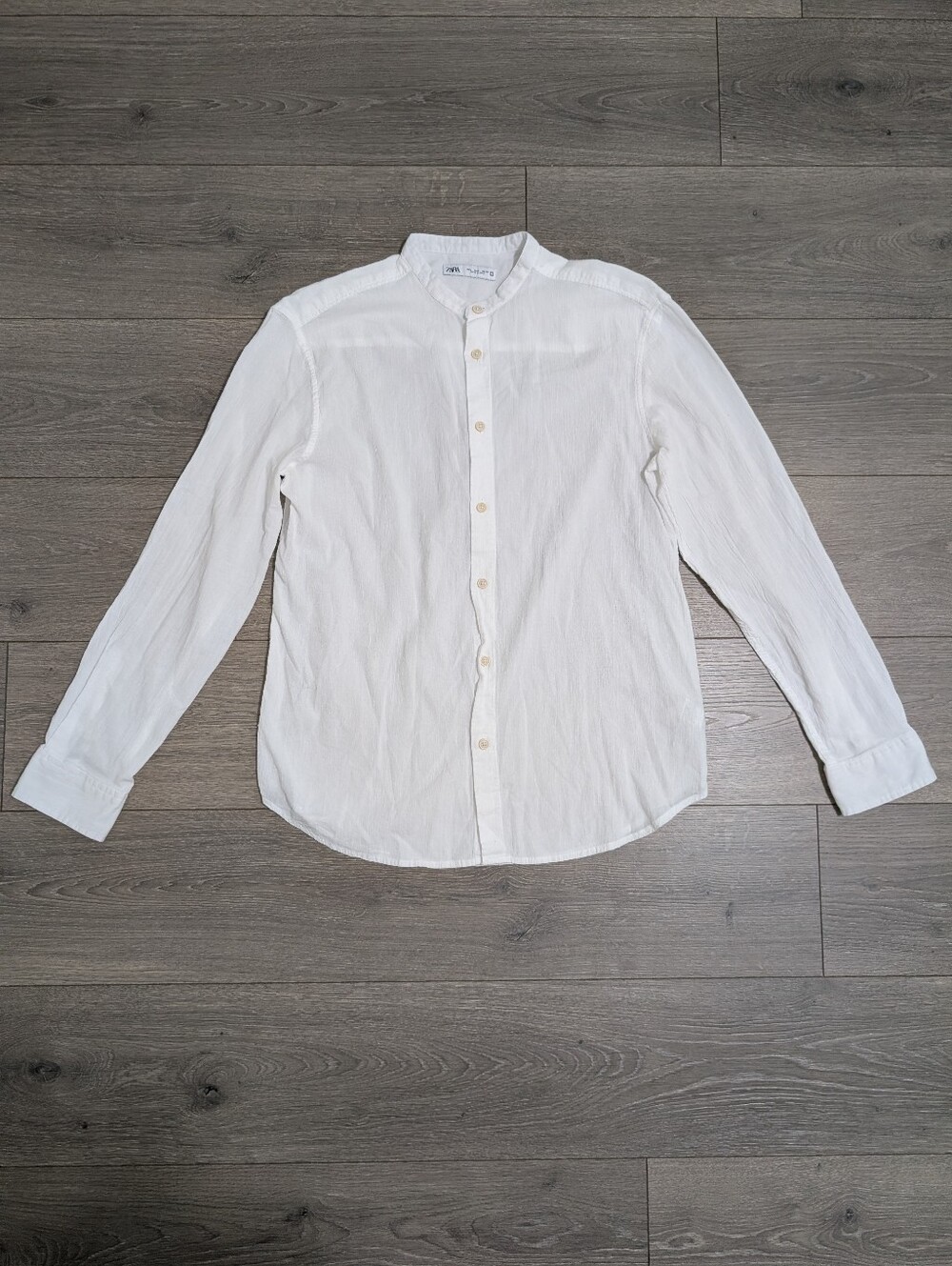 Zara Men's White Casual 100%Cotton Crinkle Texture Button-Down Mandarin Collar•L